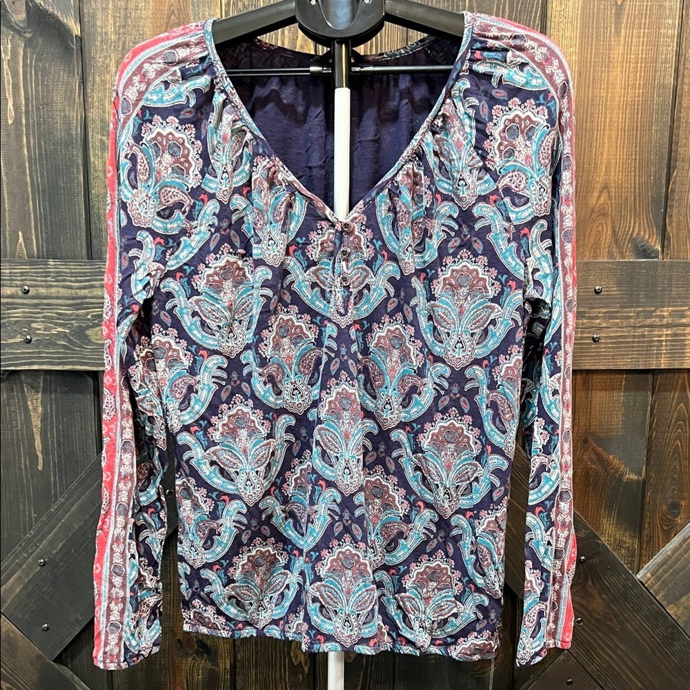 Lucky Brand Boho‎ Top Size L Tile Paisley Henley Blue Red Cotton Modal Blend